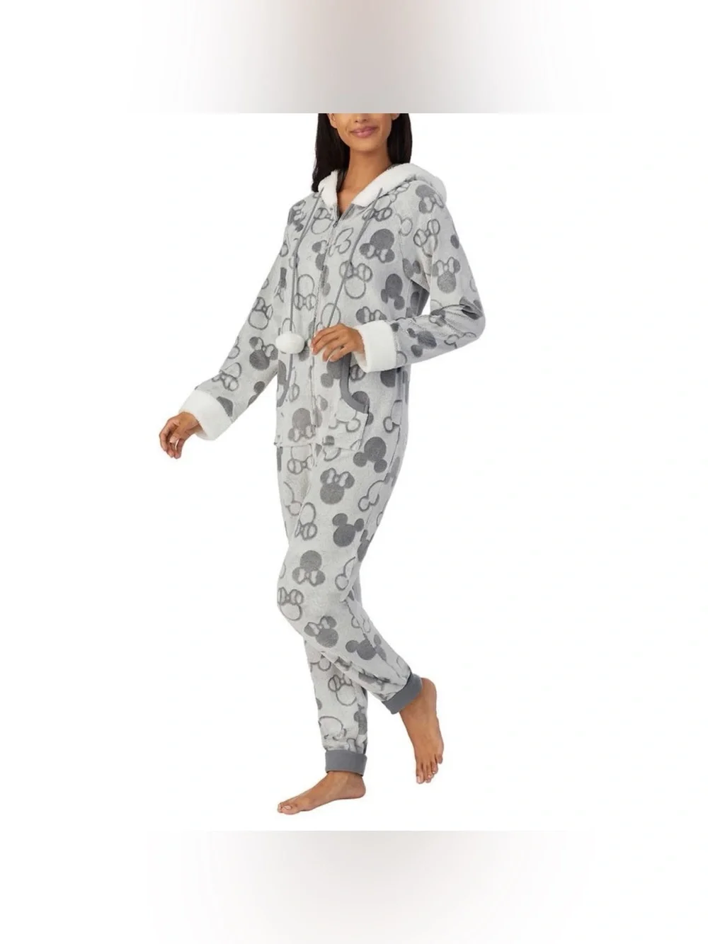 NWT Disney Gray Mickey and Minnie Mouse Fleece Hooded Pajama Onesie size S - Picture 3 of 7